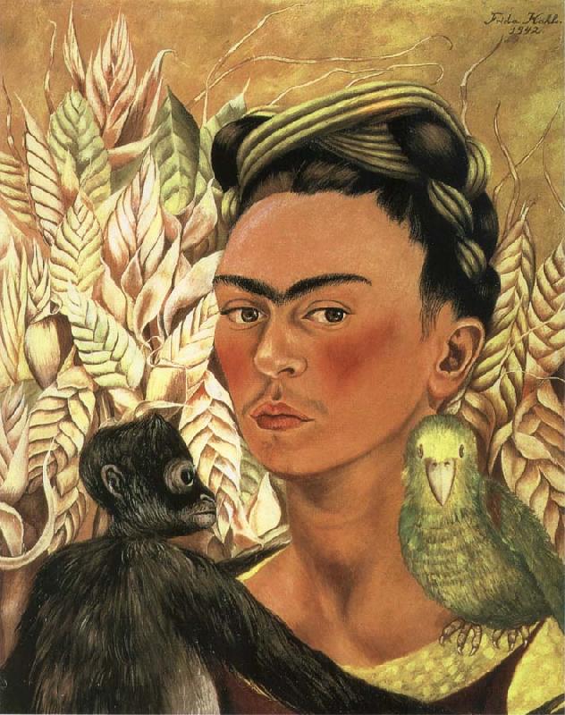 Frida Kahlo The self-portrait of monkey and parrot